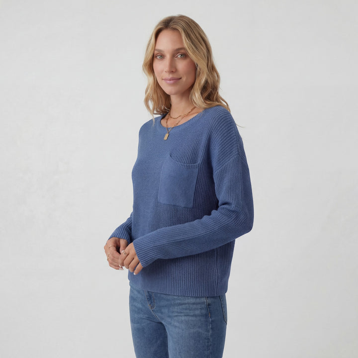 Women's Round-Neck Knit Sweater – Relaxed Fit with Chest Pocket | Ribbed Knit