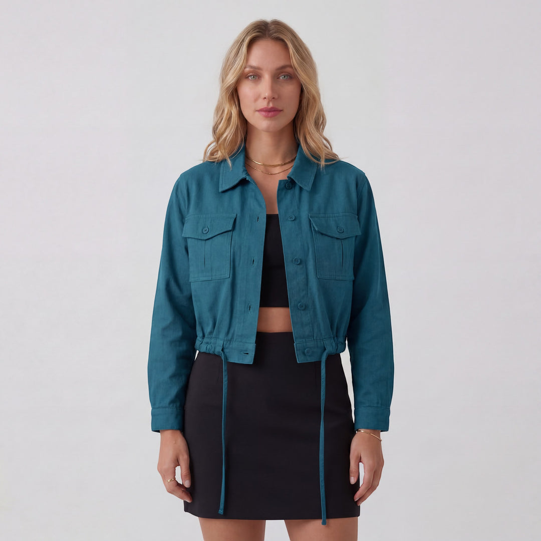 Veste Courte Femme Coton Mélangé – Coupe Ample avec Poches Poitrine