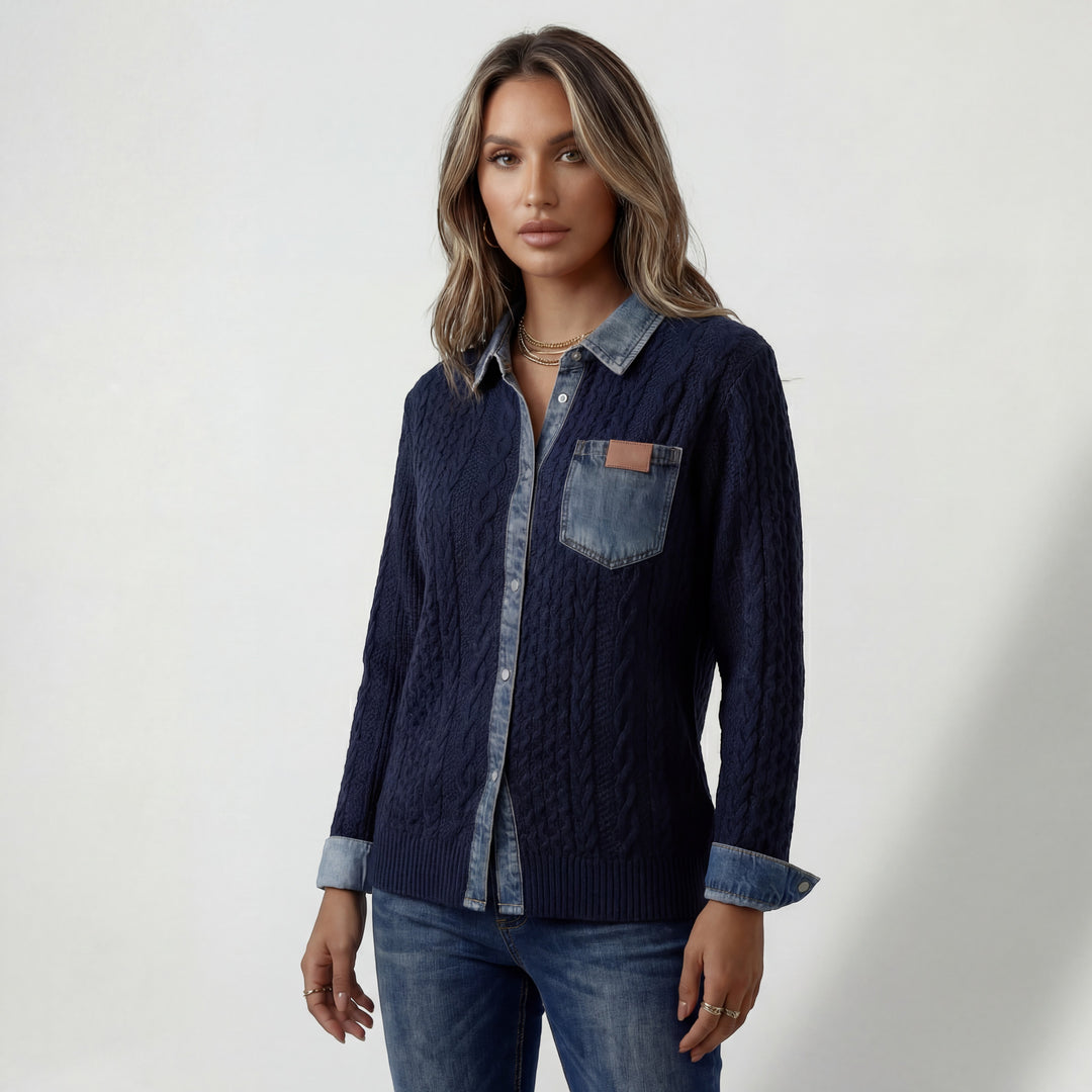 Chemise Patchwork Denim Maille pour Femme – Boutonnée Coupe Décontractée