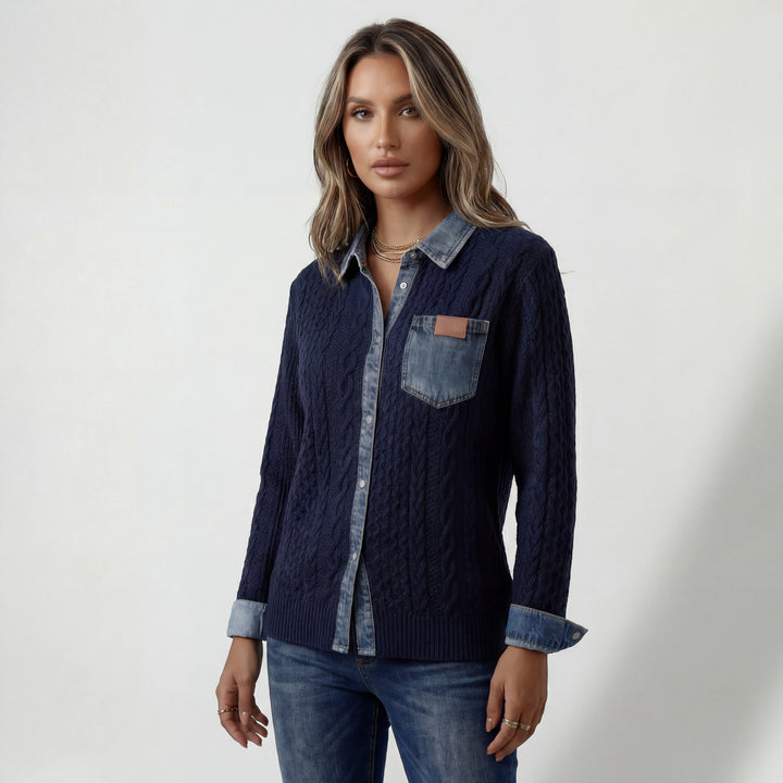 Chemise Patchwork Denim Maille pour Femme – Boutonnée Coupe Décontractée