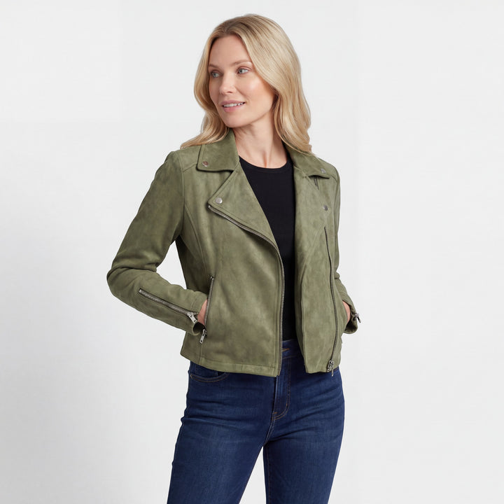 Women's Zipper-Front Motorcycle-Style Jacket – Diagonal Zipper with Flap | Cotton Blend
