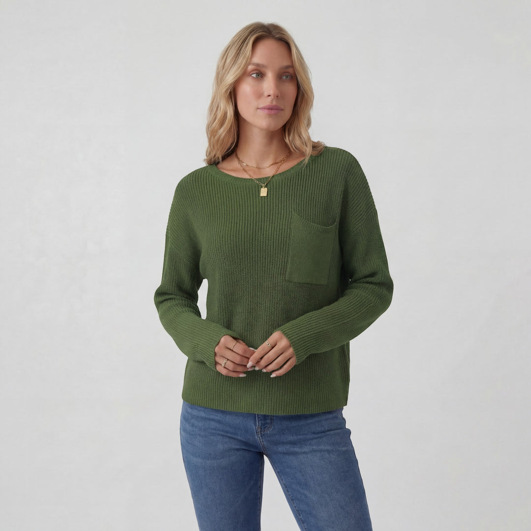 Women's Round-Neck Knit Sweater – Relaxed Fit with Chest Pocket | Ribbed Knit