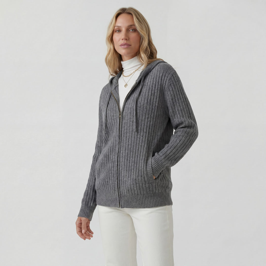 Cardigan Femme Maille Côtelée – Zip à Capuche Coupe Ample Décontractée