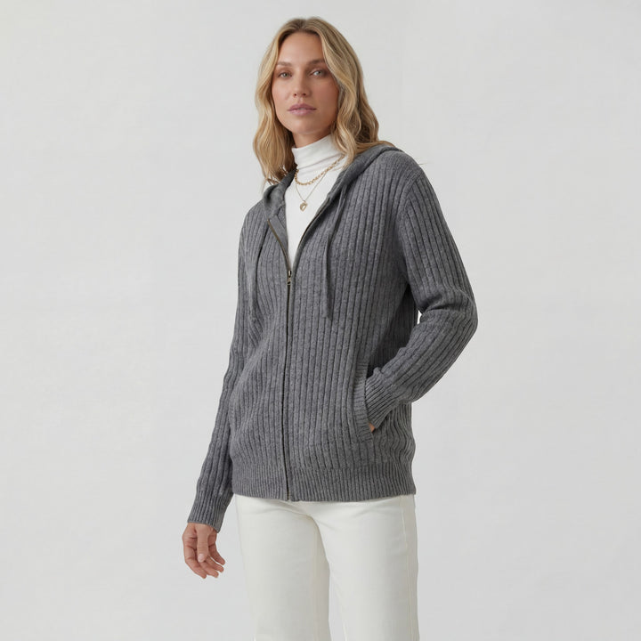 Cardigan Femme Maille Côtelée – Zip à Capuche Coupe Ample Décontractée