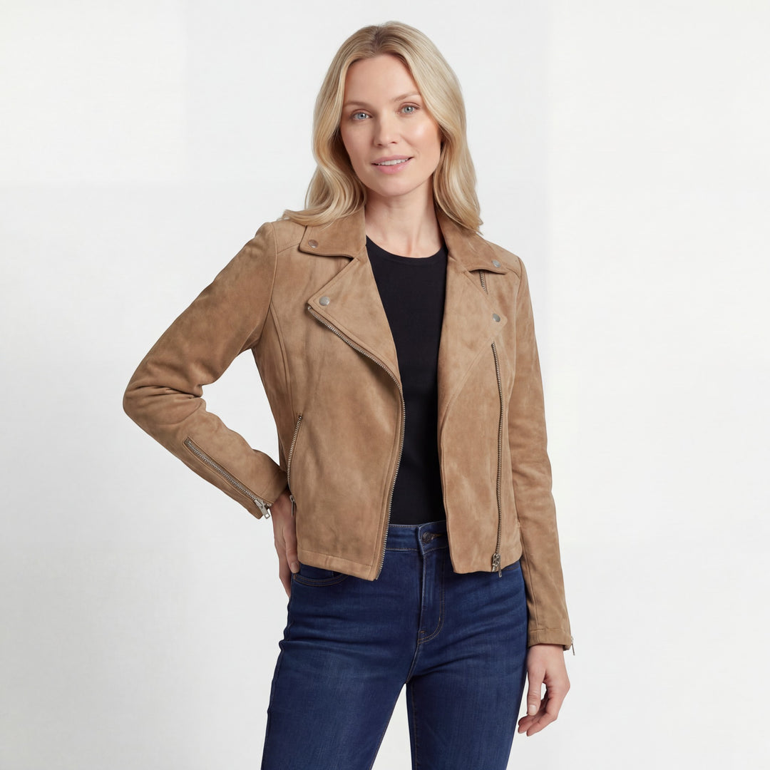 Women's Zipper-Front Motorcycle-Style Jacket – Diagonal Zipper with Flap | Cotton Blend