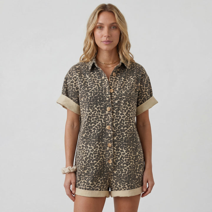 Women's Short-Sleeve Jumpsuit – Relaxed Fit with Elastic Waistband | Lightweight Woven Drape