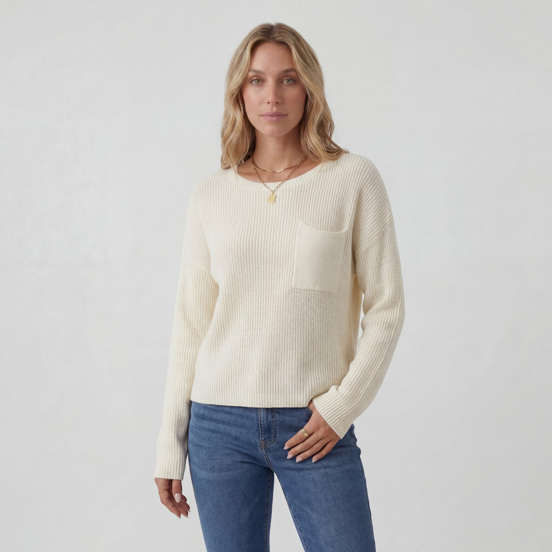 Women's Round-Neck Knit Sweater – Relaxed Fit with Chest Pocket | Ribbed Knit