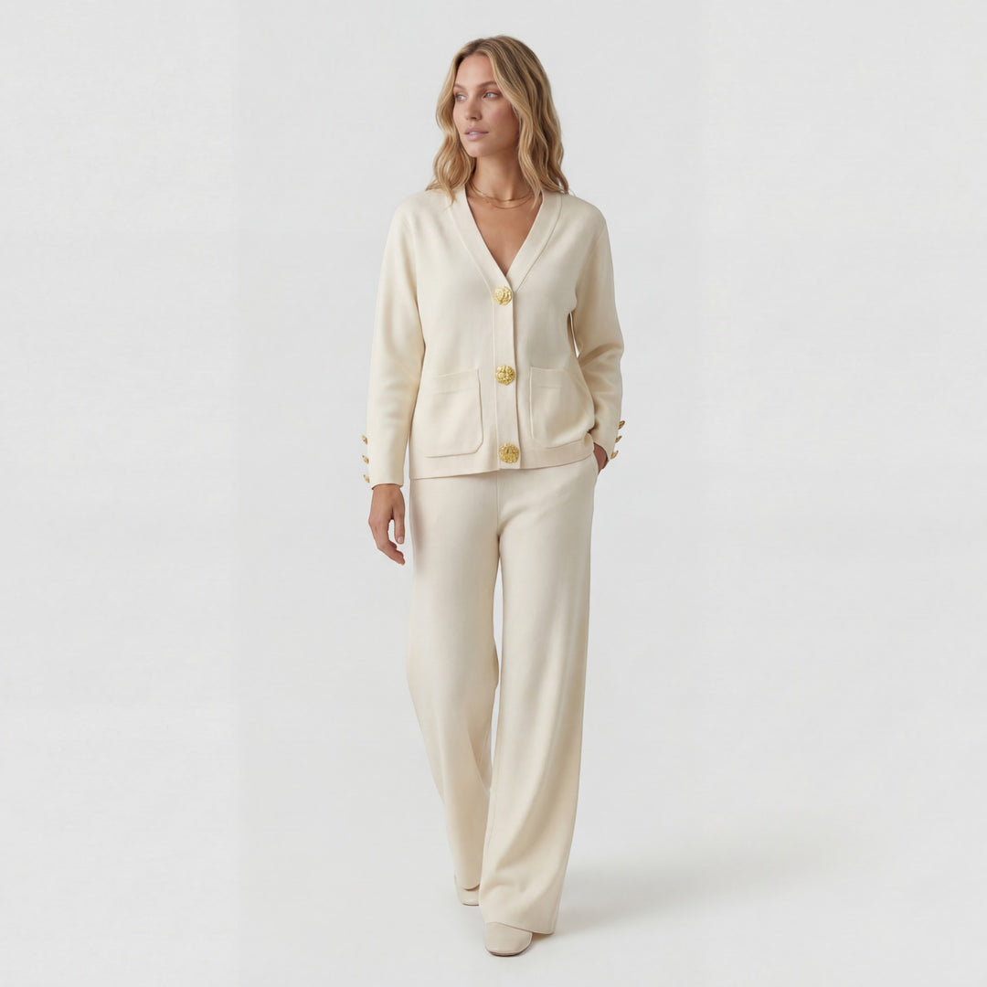 Women's Acrylic Knit Cardigan and Pants Set – Relaxed Fit, Button-Down Style