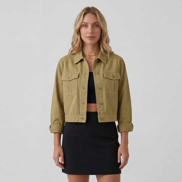 Veste Courte Femme Coton Mélangé – Coupe Ample avec Poches Poitrine