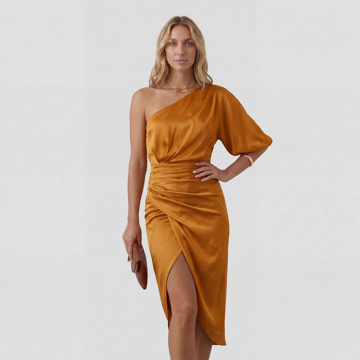 Asymmetrisches, einseitiges Abendkleid für Damen – schmaler Midi-Schnitt mit Schlitz | Baumwollmischung