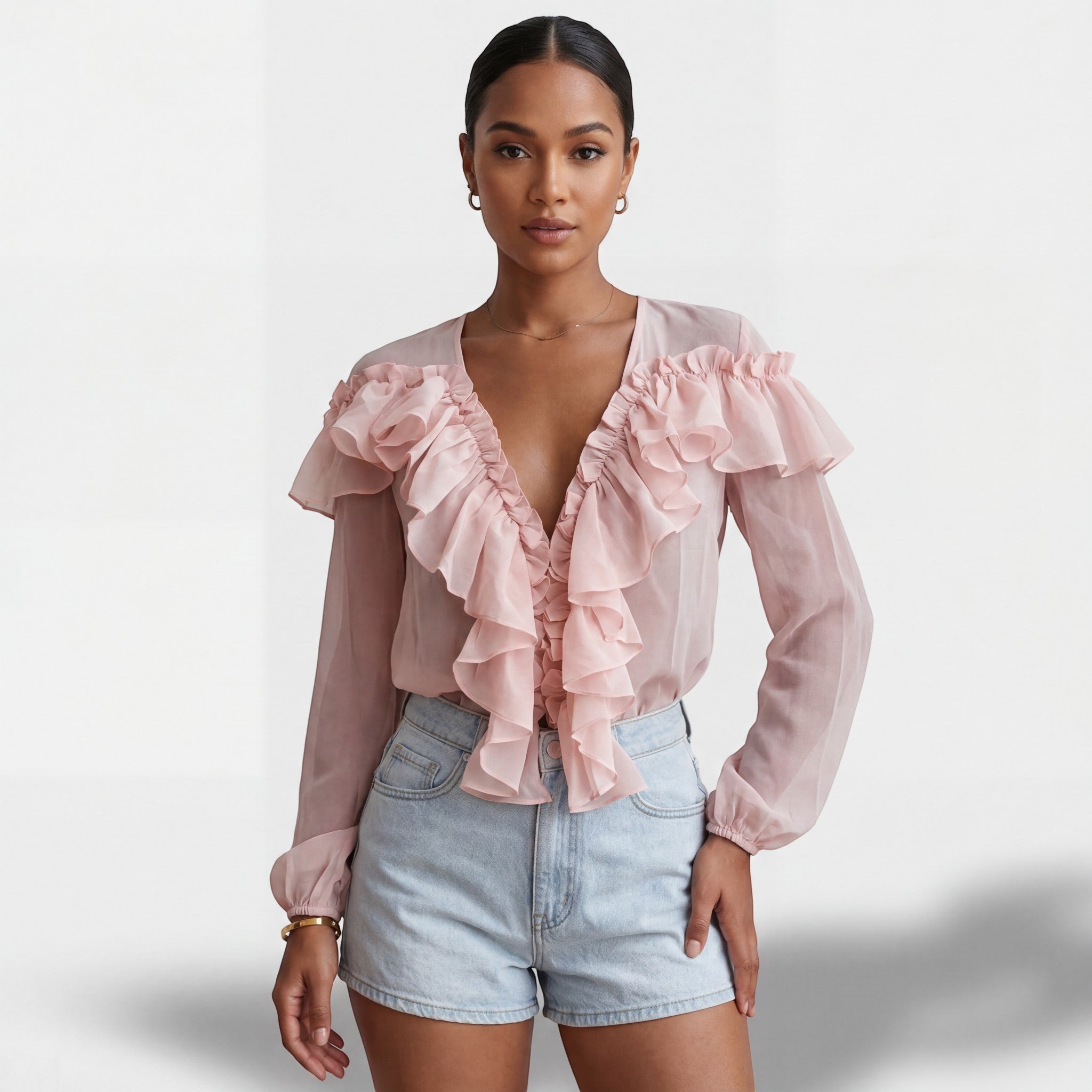 Chemisier Femme Col V à Volants – Manches Longues Coupe Ample | Mousseline Légère