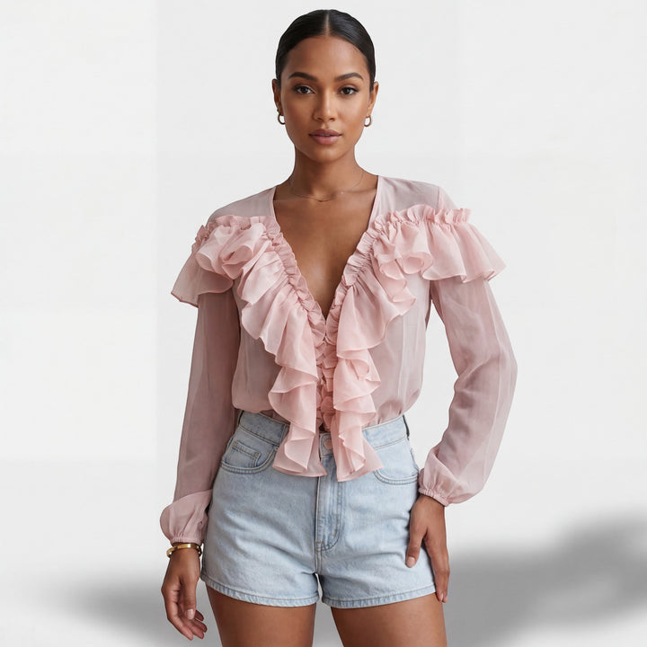 Chemisier Femme Col V à Volants – Manches Longues Coupe Ample | Mousseline Légère
