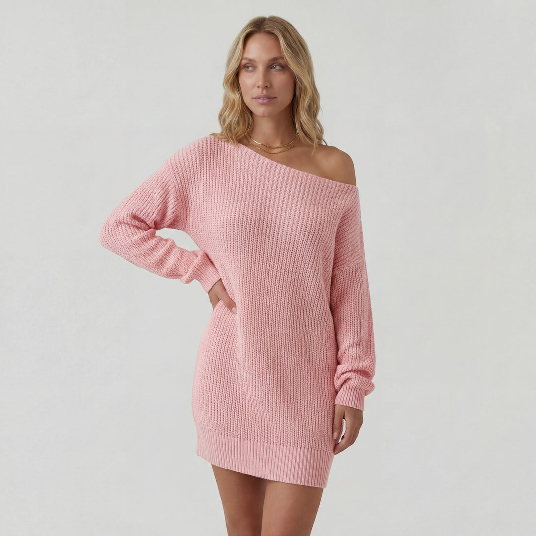Women's Textured Knit Sweater Dress – Off-the-Shoulder Mini Dress