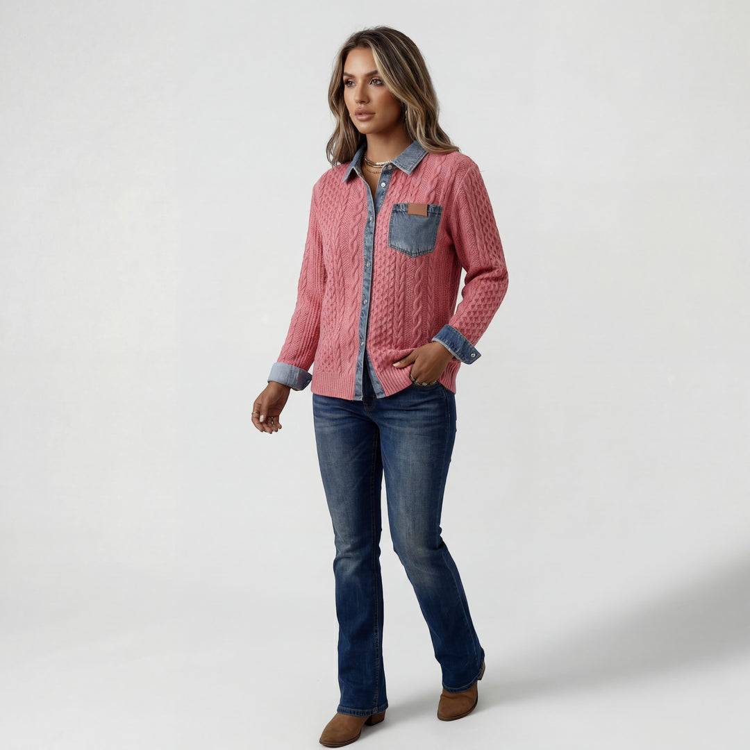 Chemise Patchwork Denim Maille pour Femme – Boutonnée Coupe Décontractée