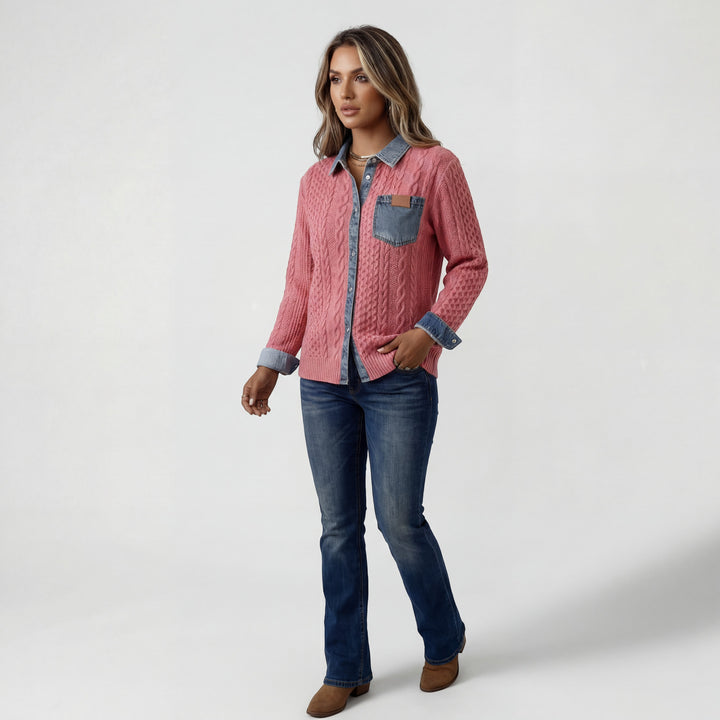 Chemise Patchwork Denim Maille pour Femme – Boutonnée Coupe Décontractée