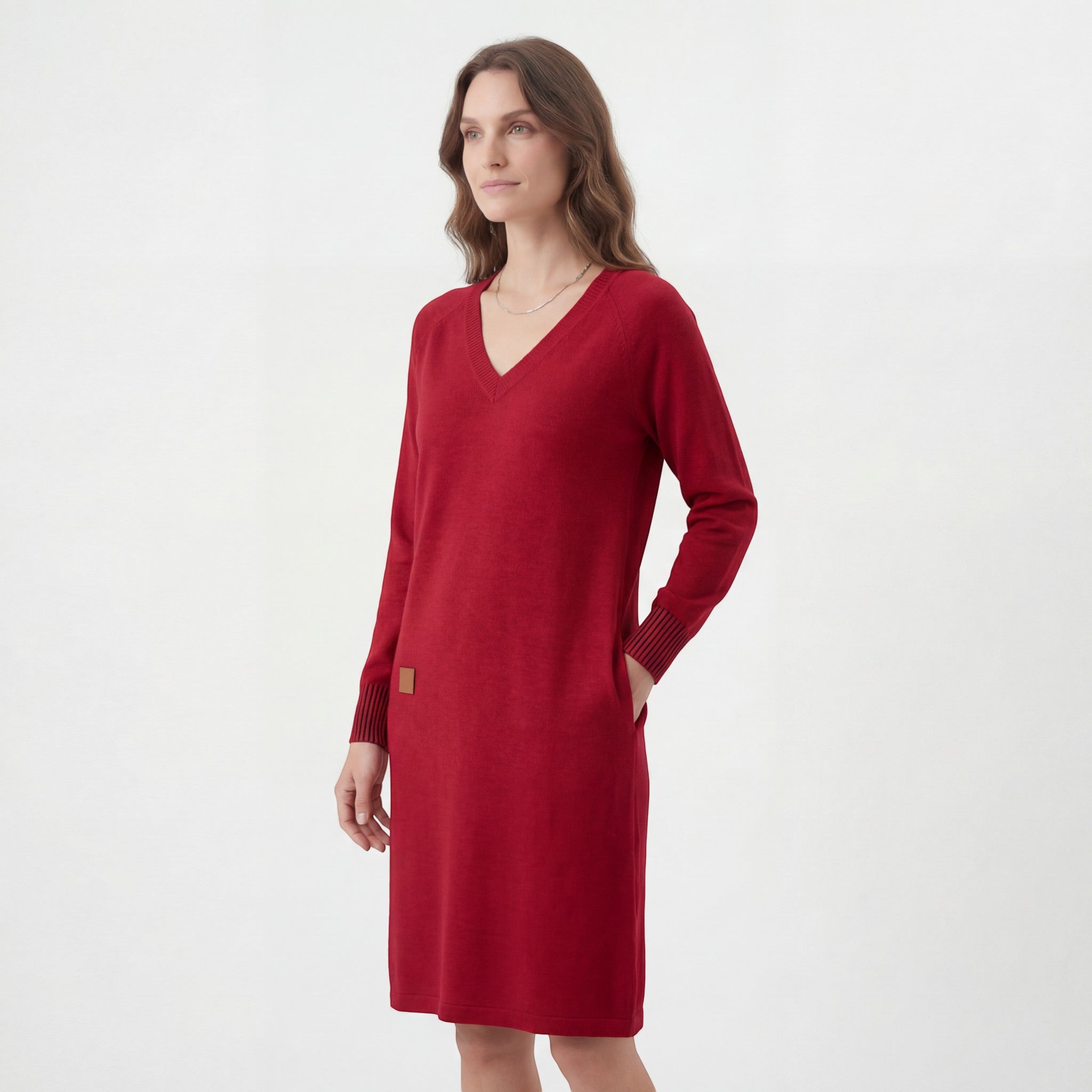 Robe Midi Femme Col V Manches Longues – Coupe Droite Décontractée | Maille Douce