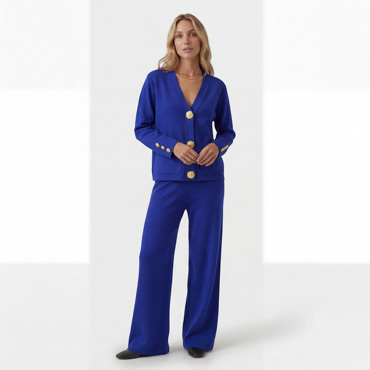 Women's Acrylic Knit Cardigan and Pants Set – Relaxed Fit, Button-Down Style