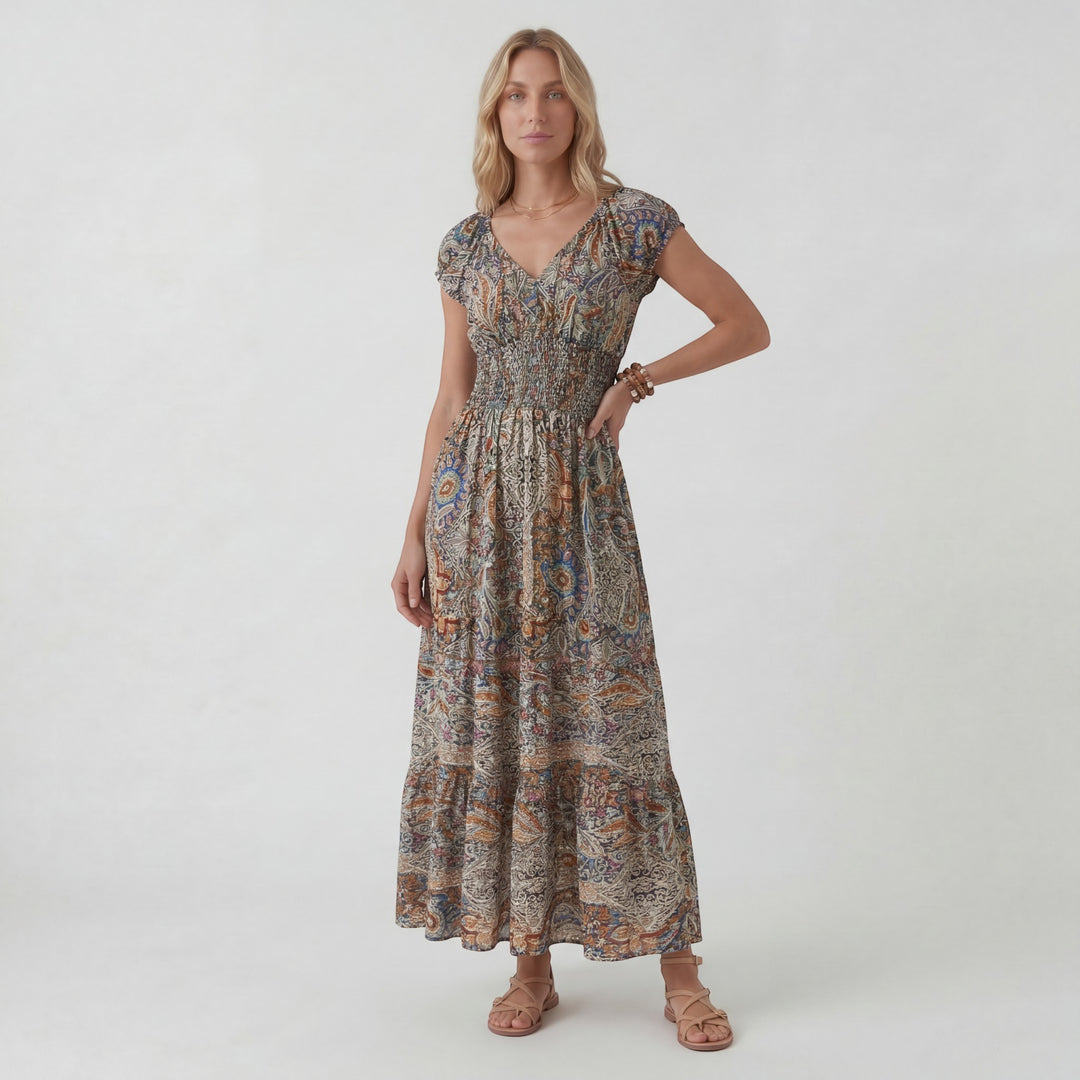 Robe Maxi Bohème Col V Femme – Coupe Décontractée Jupe Fluide | Tissu Tissé Léger