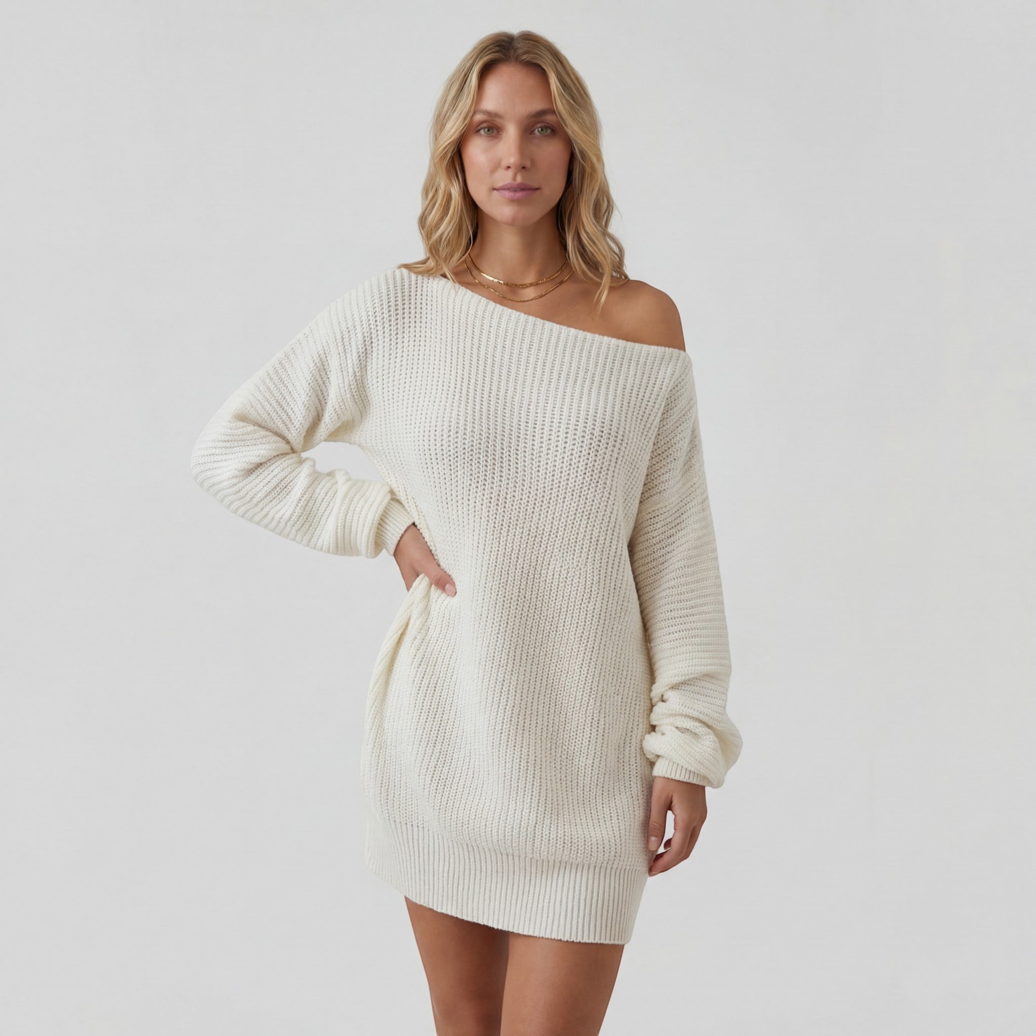 Strikket Ribkjole med Off-Shoulder og Tekstur – Minikjole til Kvinder