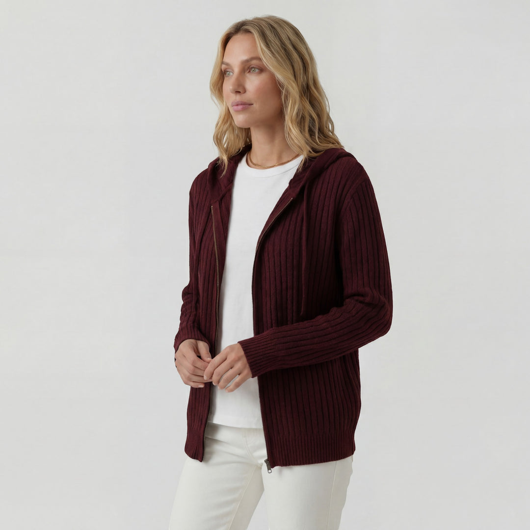 Cardigan Femme Maille Côtelée – Zip à Capuche Coupe Ample Décontractée