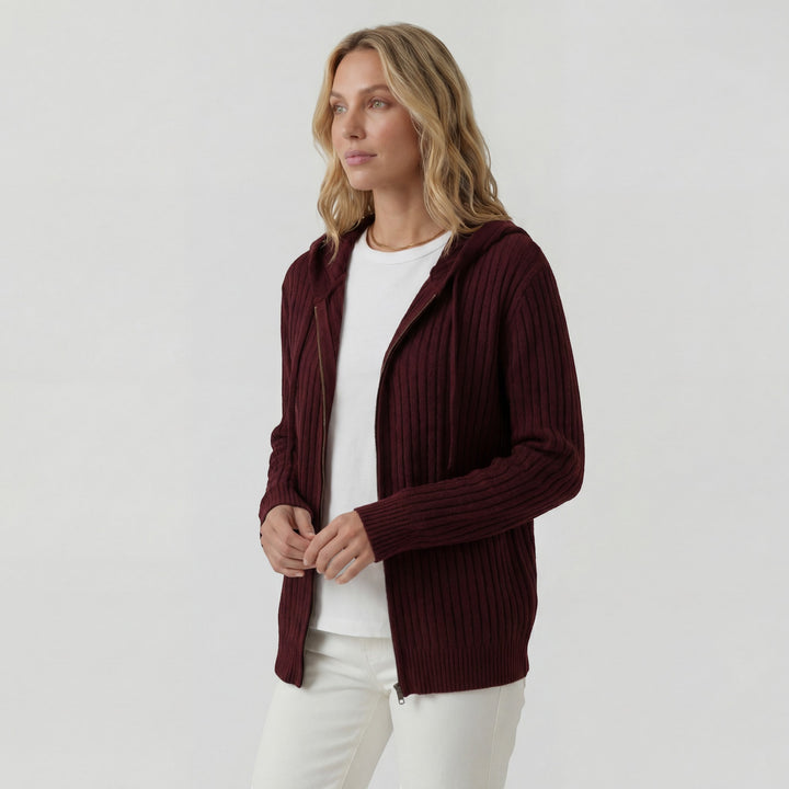 Cardigan Femme Maille Côtelée – Zip à Capuche Coupe Ample Décontractée