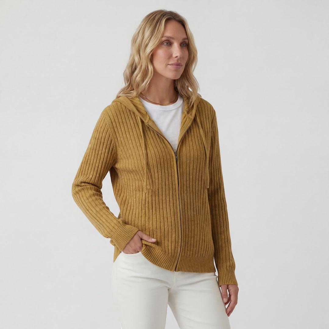 Cardigan Femme Maille Côtelée – Zip à Capuche Coupe Ample Décontractée