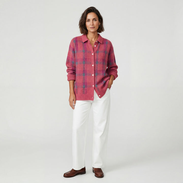 Women's Checkered Cardigan – Oversized Fit, Button-Down, Tailored Collar | Chunky Knit
