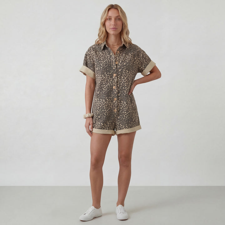Women's Short-Sleeve Jumpsuit – Relaxed Fit with Elastic Waistband | Lightweight Woven Drape
