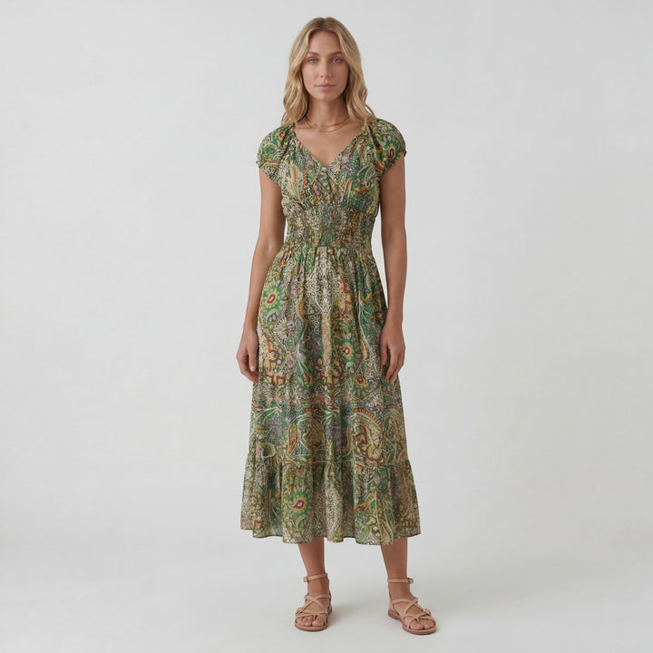 Robe Maxi Bohème Col V Femme – Coupe Décontractée Jupe Fluide | Tissu Tissé Léger