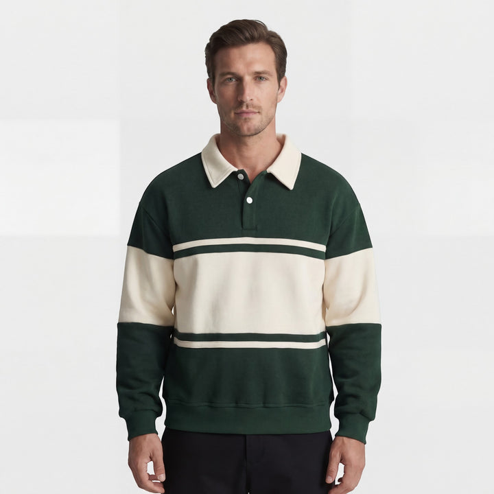 Herre-sweatshirt i bomuldsblanding – stribet mønster, løs pasform, polo-krave