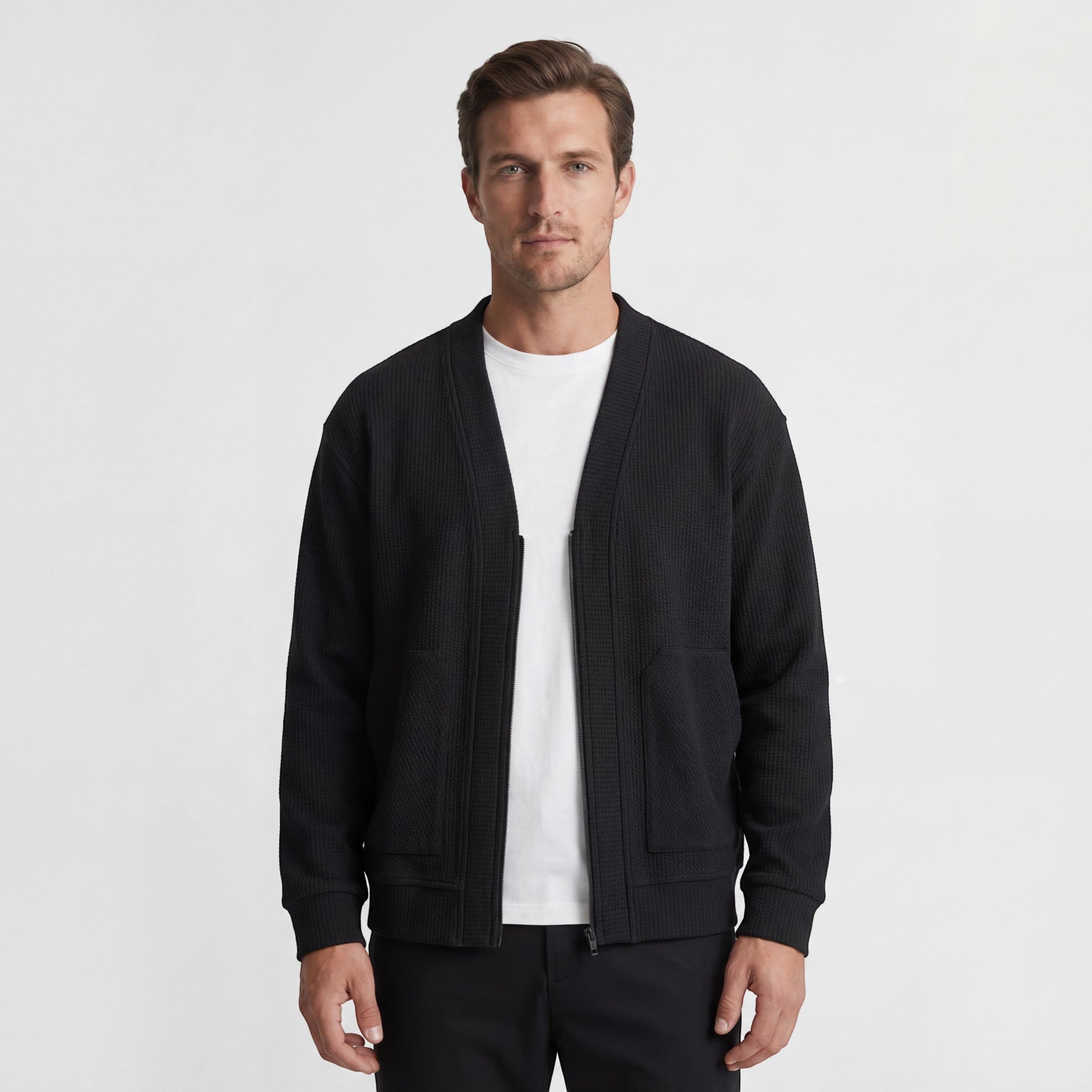 Cardigan til mænd i tekstureret strik – lynlås, afslappet pasform