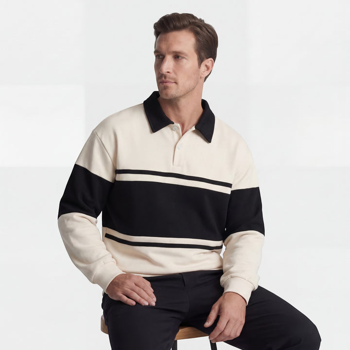 Herre-sweatshirt i bomuldsblanding – stribet mønster, løs pasform, polo-krave