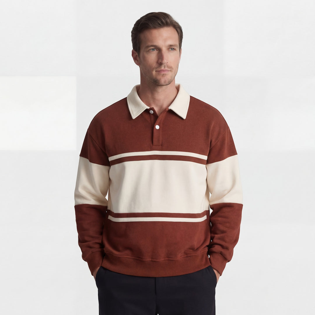 Herre-sweatshirt i bomuldsblanding – stribet mønster, løs pasform, polo-krave