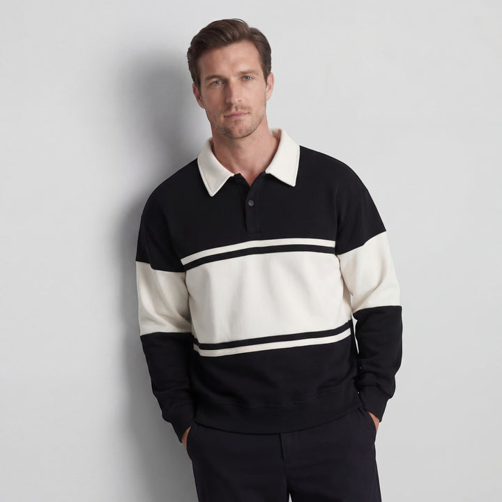 Herre-sweatshirt i bomuldsblanding – stribet mønster, løs pasform, polo-krave
