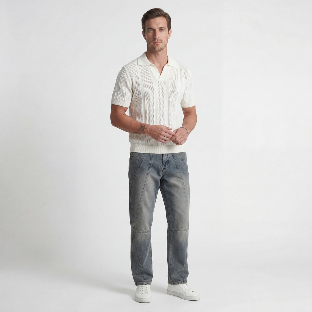 Men's Breathable Knit Polo Shirt – Lightweight Openwork Texture