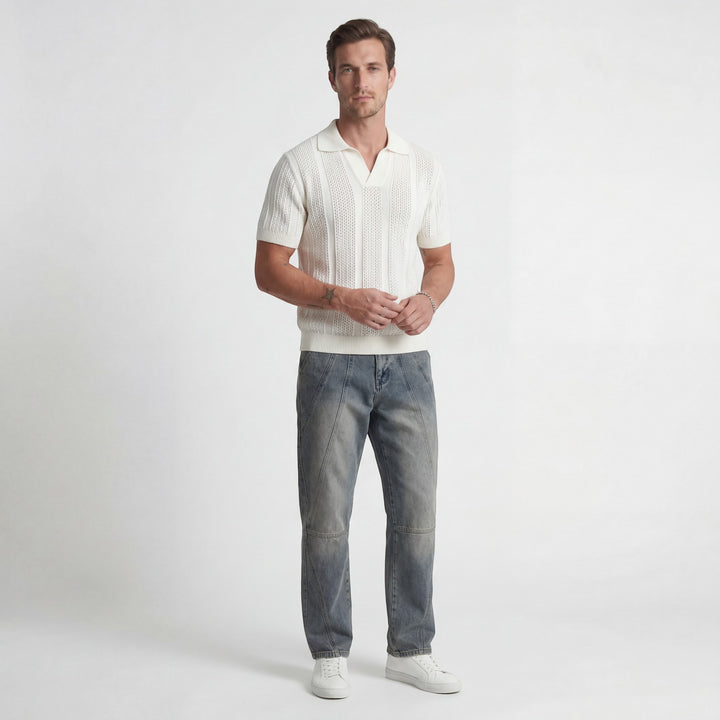 Men's Breathable Knit Polo Shirt – Lightweight Openwork Texture