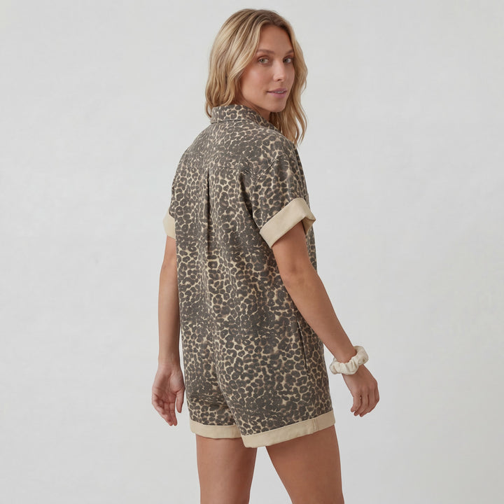 Women's Short-Sleeve Jumpsuit – Relaxed Fit with Elastic Waistband | Lightweight Woven Drape