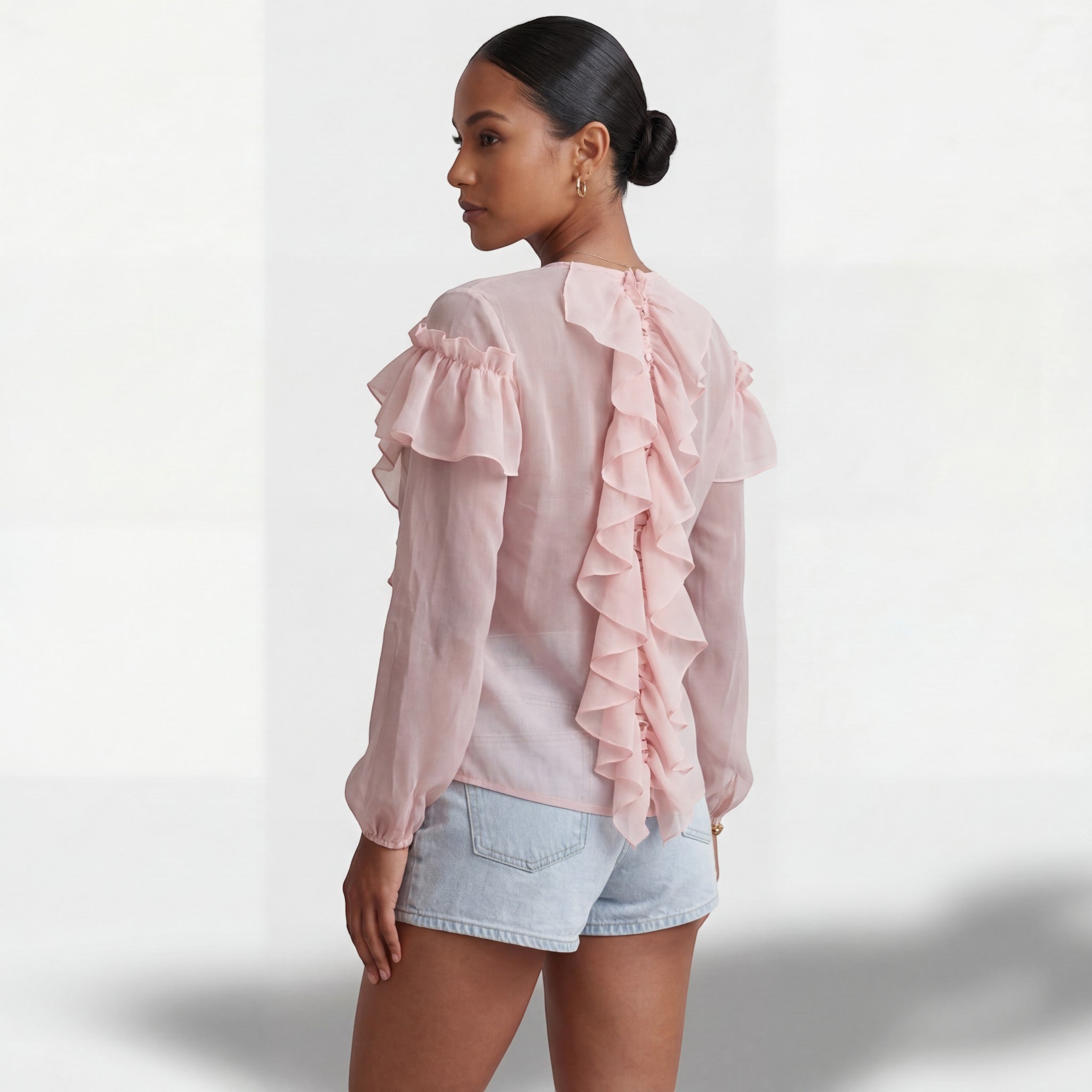 Chemisier Femme Col V à Volants – Manches Longues Coupe Ample | Mousseline Légère