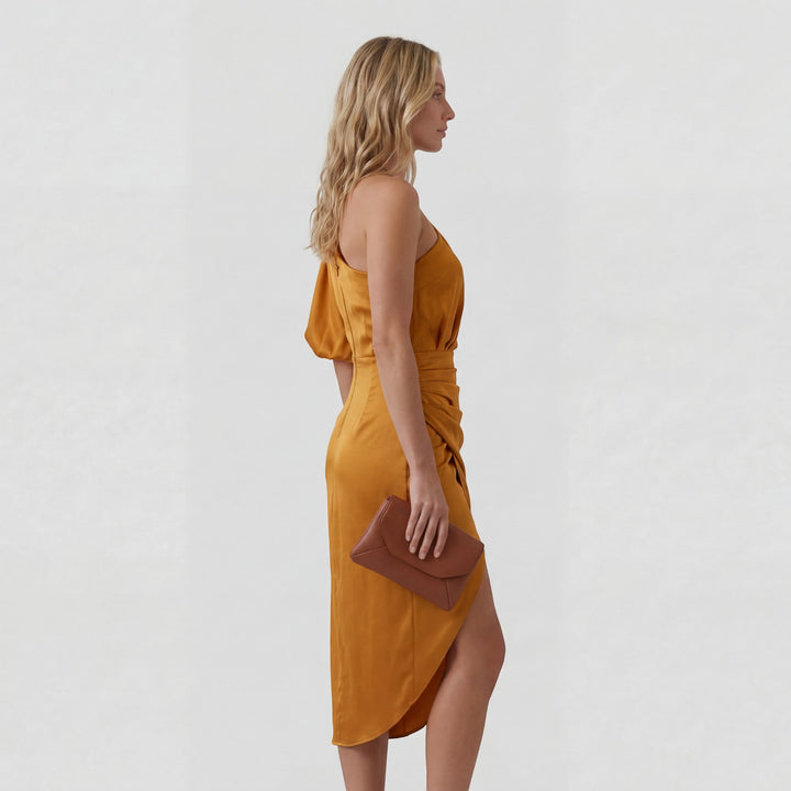 Asymmetrisches, einseitiges Abendkleid für Damen – schmaler Midi-Schnitt mit Schlitz | Baumwollmischung