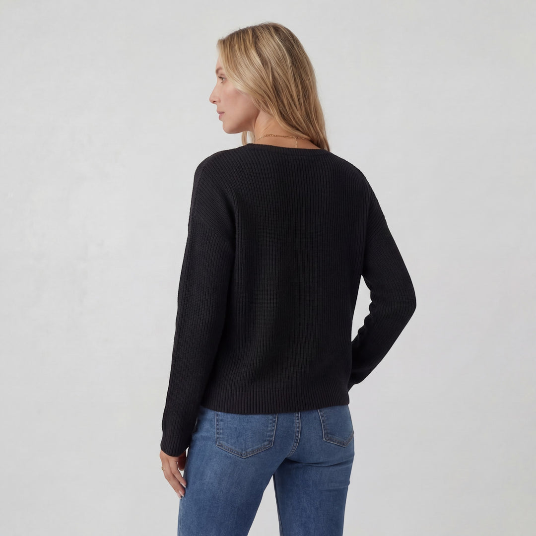 Women's Round-Neck Knit Sweater – Relaxed Fit with Chest Pocket | Ribbed Knit