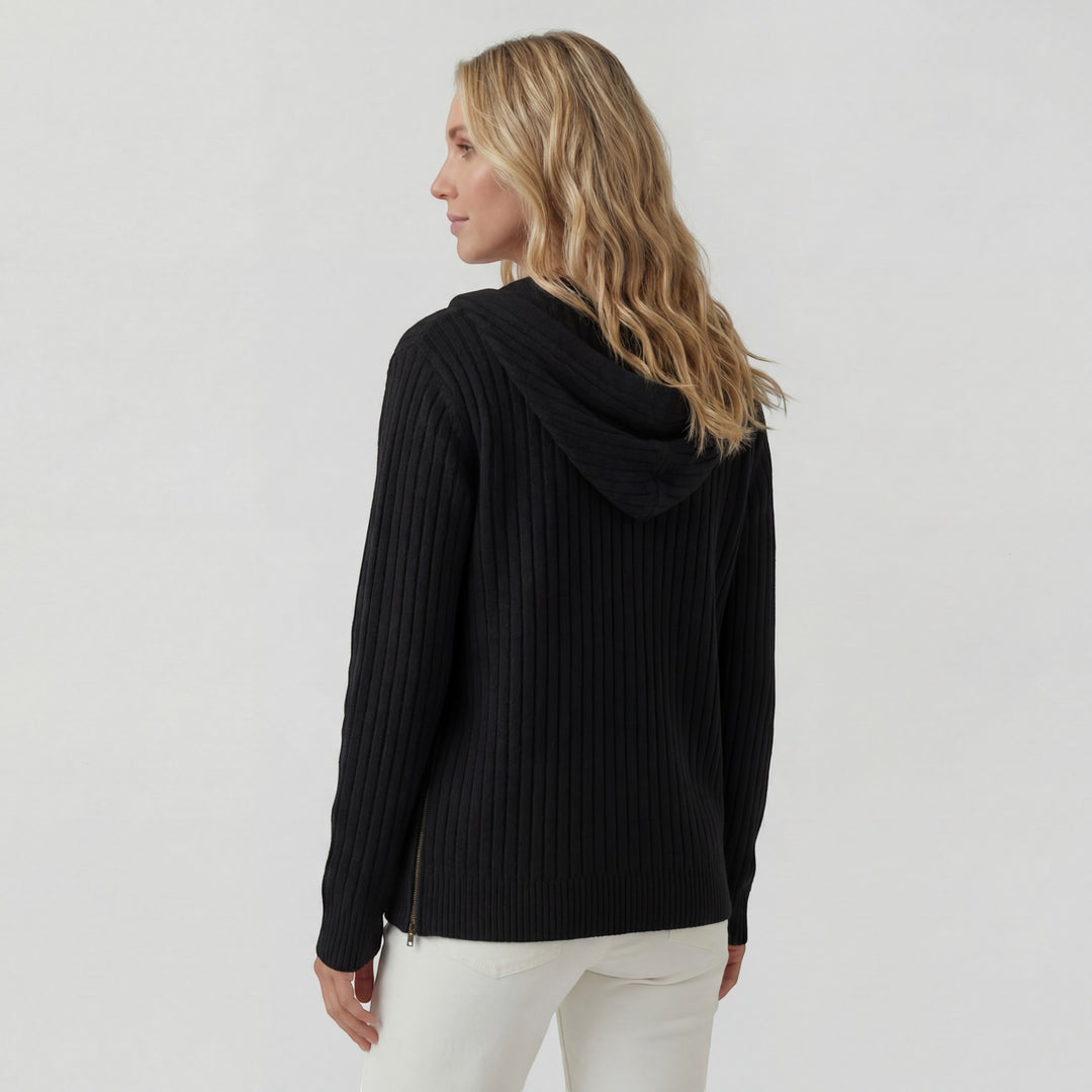 Cardigan Femme Maille Côtelée – Zip à Capuche Coupe Ample Décontractée