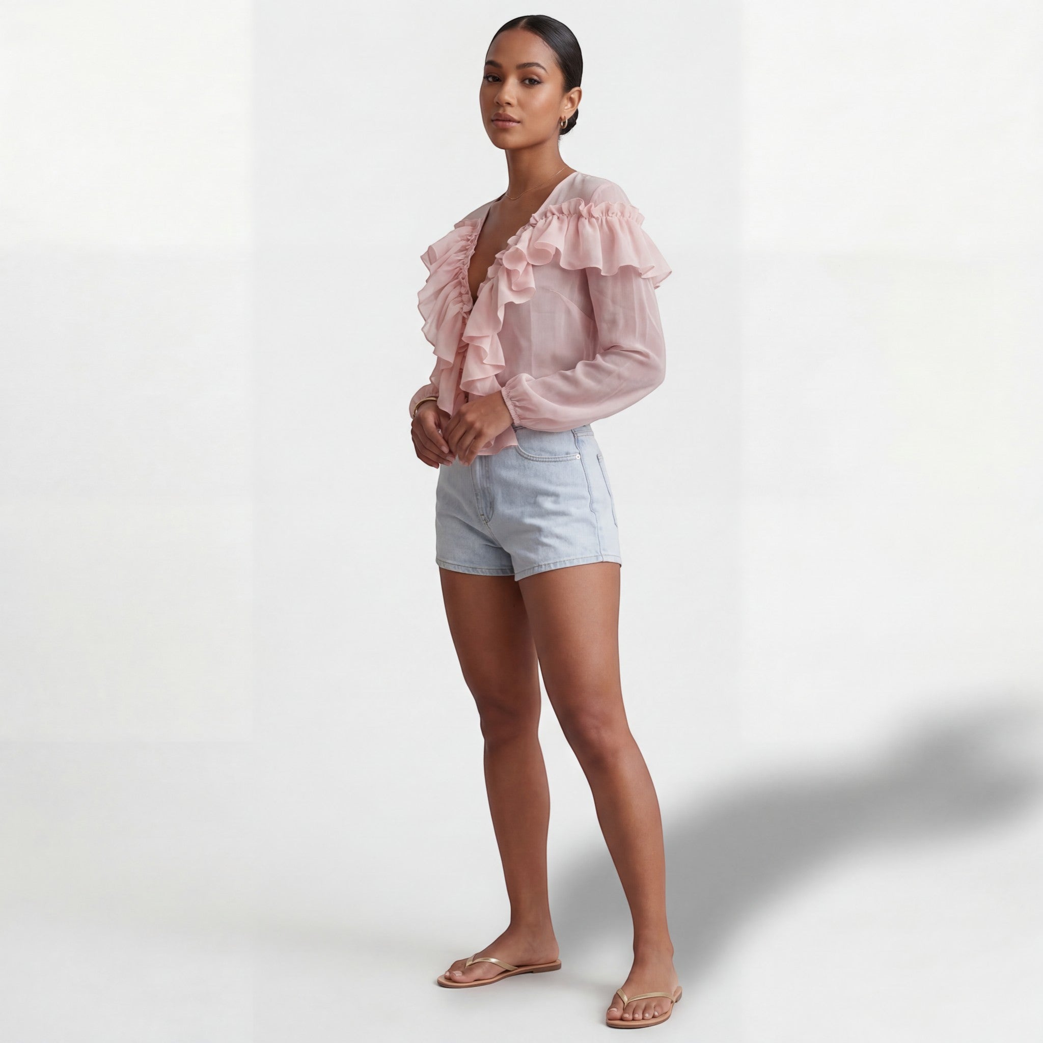 Chemisier Femme Col V à Volants – Manches Longues Coupe Ample | Mousseline Légère