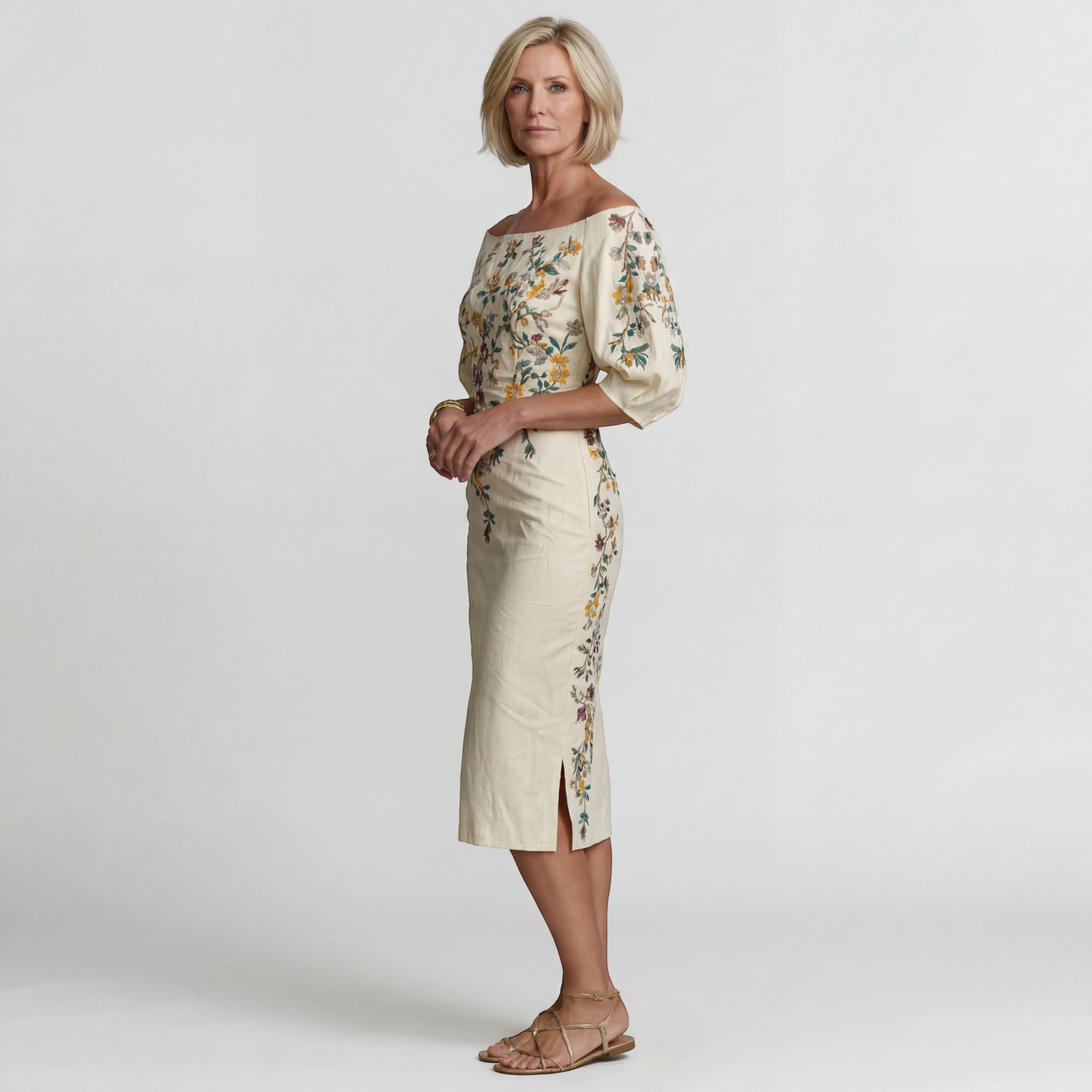 Robe Midi Épaules Dénudées Femme – Coupe Ajustée Tailleur | Mélange de Coton