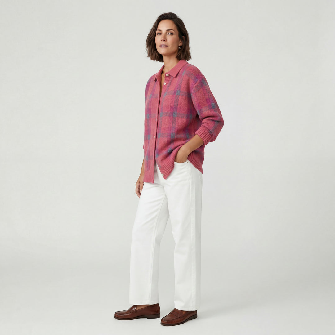 Women's Checkered Cardigan – Oversized Fit, Button-Down, Tailored Collar | Chunky Knit