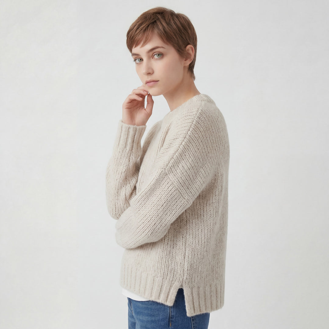Damenpullover mit Rundhalsausschnitt – lockere, lässige Passform | Strukturiertes Acryl