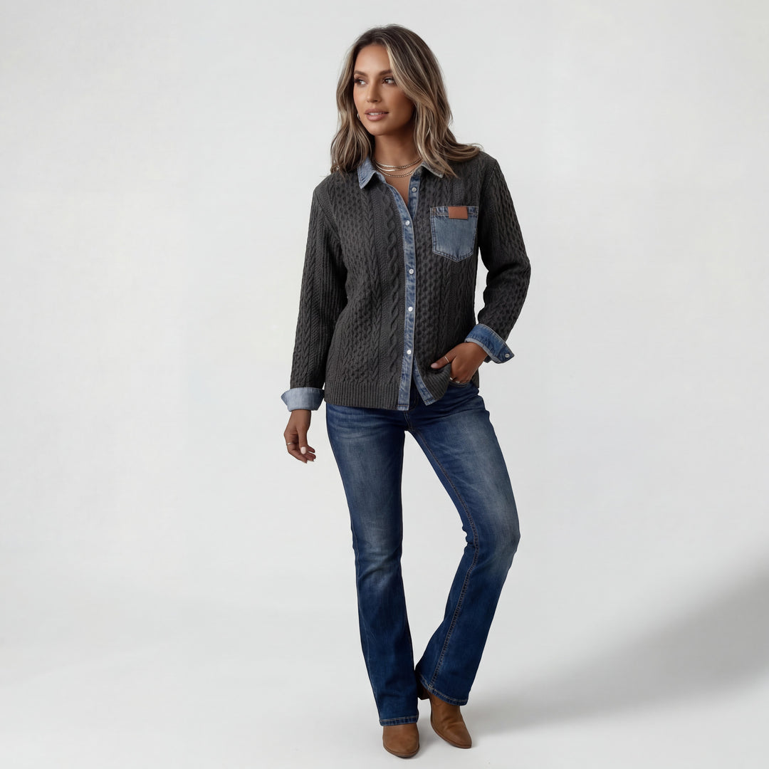 Chemise Patchwork Denim Maille pour Femme – Boutonnée Coupe Décontractée
