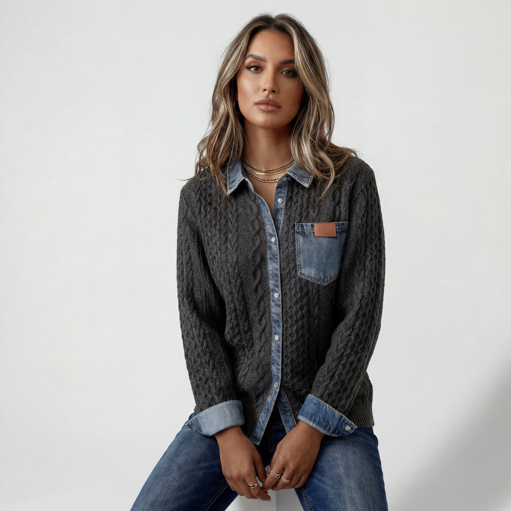 Chemise Patchwork Denim Maille pour Femme – Boutonnée Coupe Décontractée