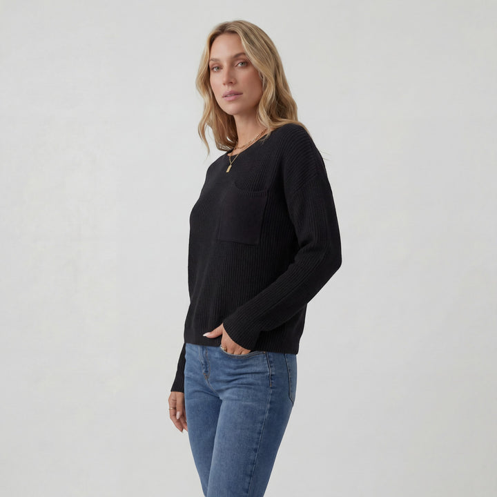 Women's Round-Neck Knit Sweater – Relaxed Fit with Chest Pocket | Ribbed Knit