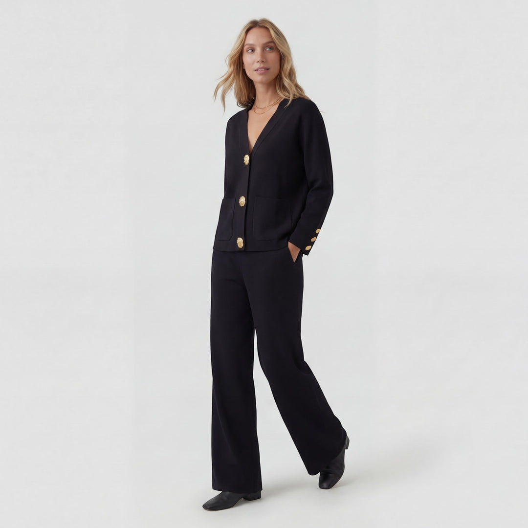 Women's Acrylic Knit Cardigan and Pants Set – Relaxed Fit, Button-Down Style