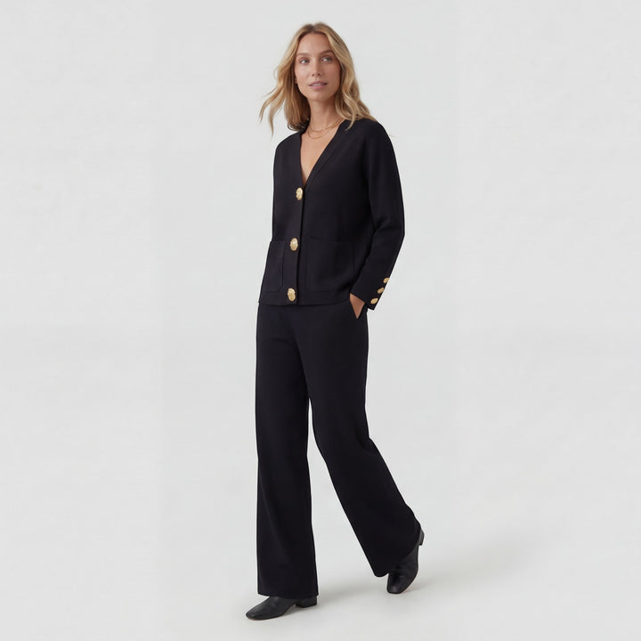 Women's Acrylic Knit Cardigan and Pants Set – Relaxed Fit, Button-Down Style